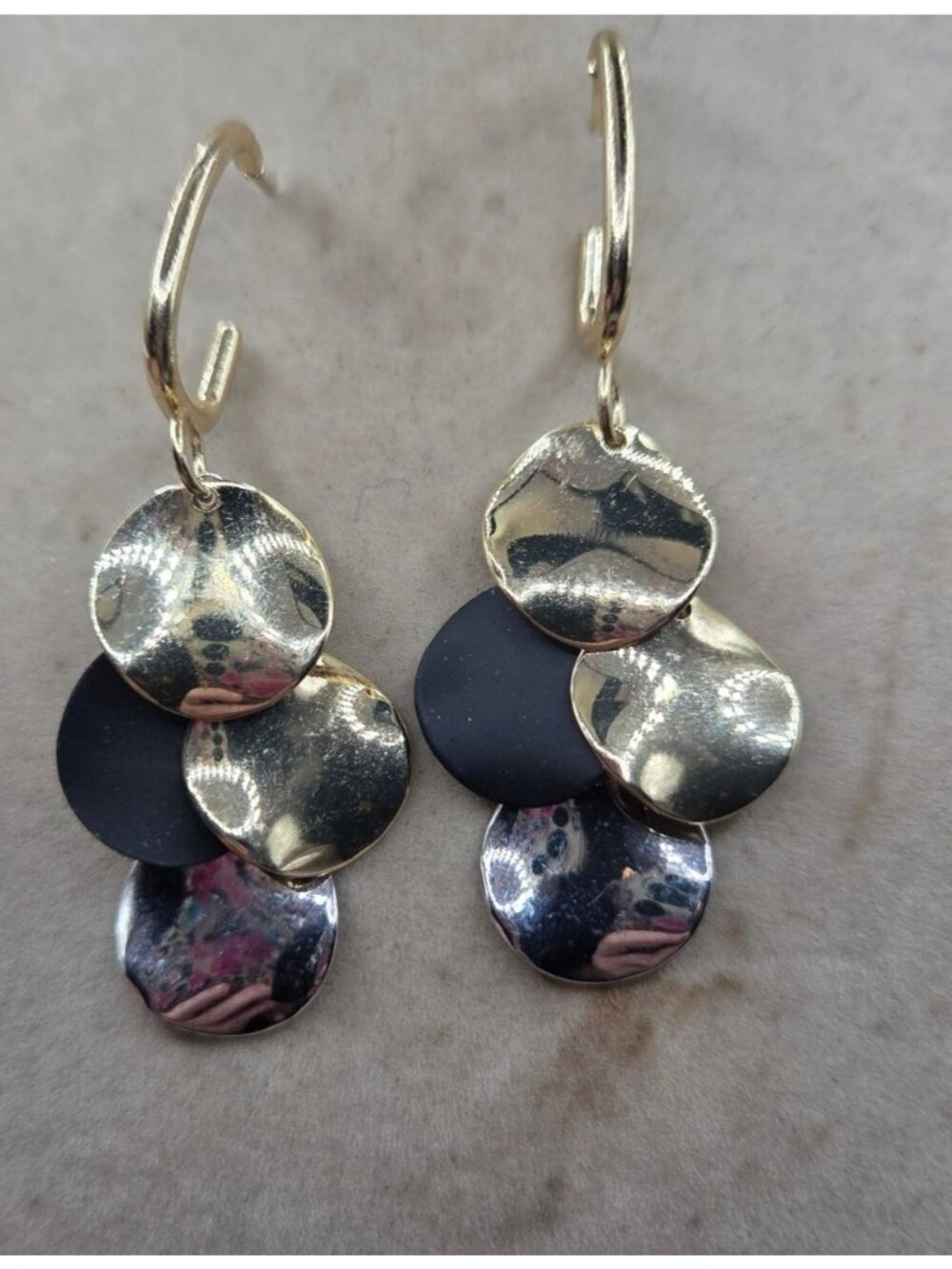 Gold & Black Dangle Earrings With Tiered Discs